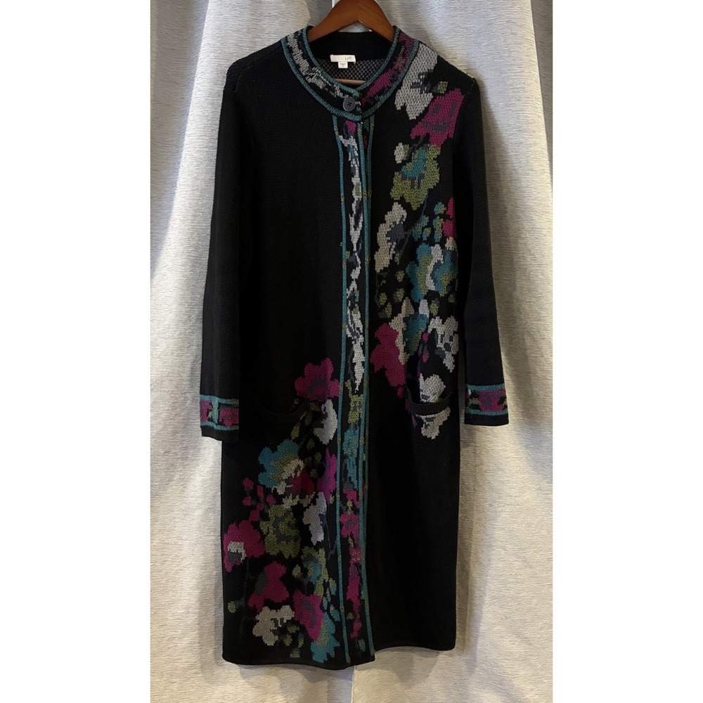 J.Jill Black Floral Boho Long Duster Sweater‎ Cardigan Jacket Cotton Blend M